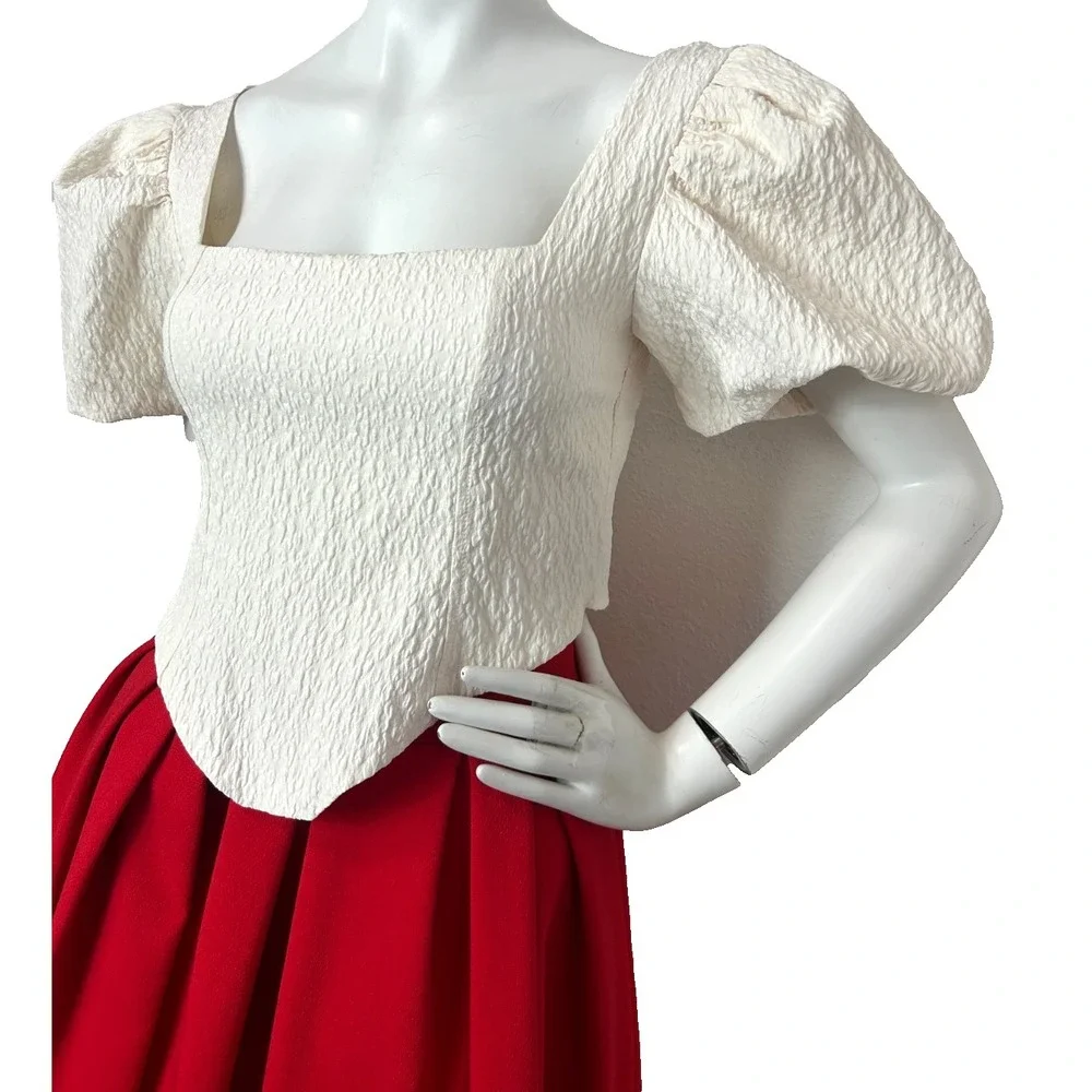 Zara Textured Puff Sleeve Crop Top NWT M Cream Square Neck Corset Blouse Barmaid
